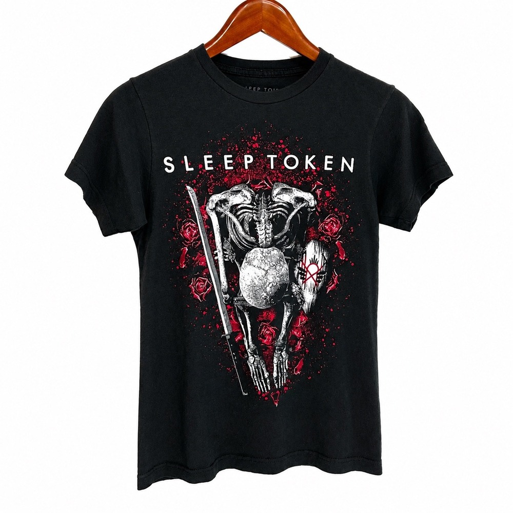 Sleep Token Band T-Shirt Mens Small Black Skeleton Sword Shield Graphic Tee 2024